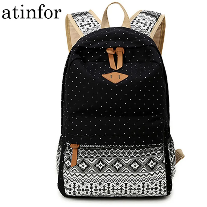 Vintage School Bags for Teenagers Girls Schoolbag Large Capacity Lady Canvas Dot Printing Backpack Rucksack Bagpack Book Bag