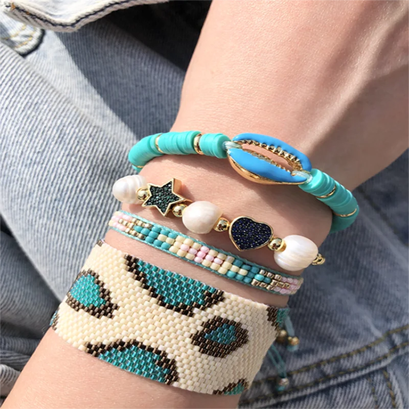 BLUESTAR Bracelet MIYUKI Bead Bracelet For Women Green Leopard Grain Pulseras Mujer Moda Chic Polymer clay Seashell Handmade