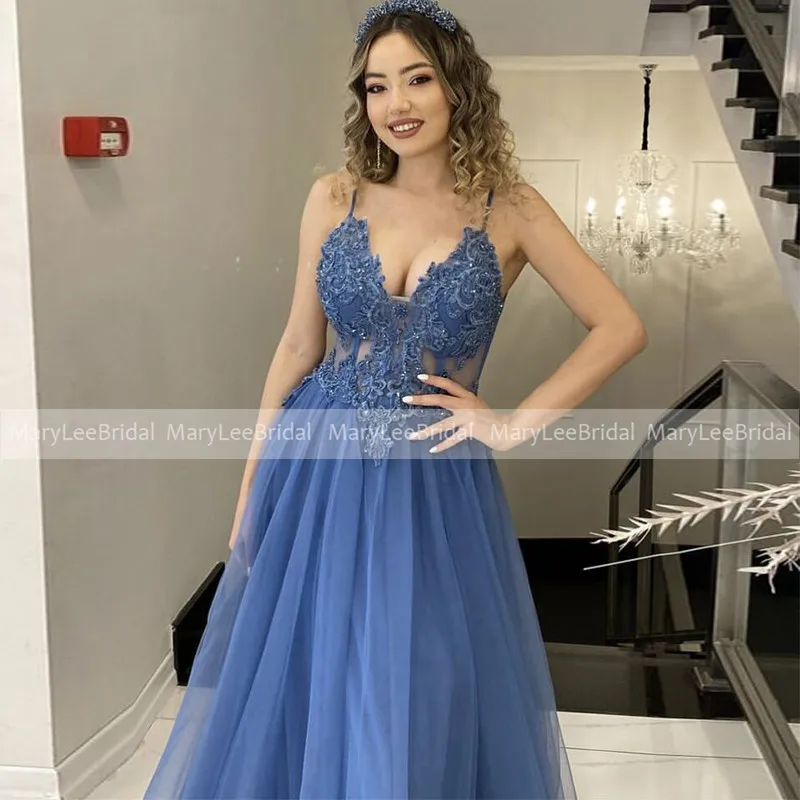 Elegante vestido de fiesta azul humo, con apliques de cuentas, cuello en V, tirantes finos de tul, noche, Formal