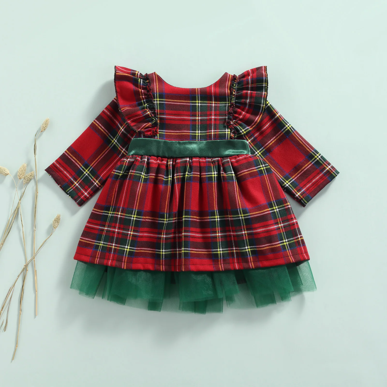 Newborn Christmas Dress Baby Girls Plaid Fly Sleeve Round Neck Party Princess Dresses Xmas Children Girls Clothes