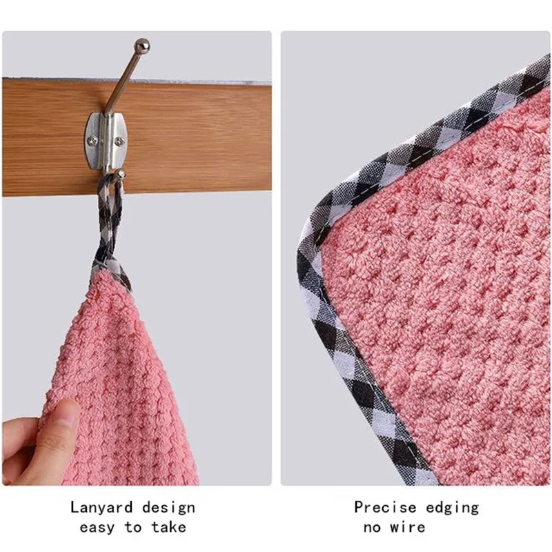 Non-greasy Non-linting Hangable coral fleece double-sided rag, kitchen pineapple pattern absorbent hand towel, plain dish cloth
