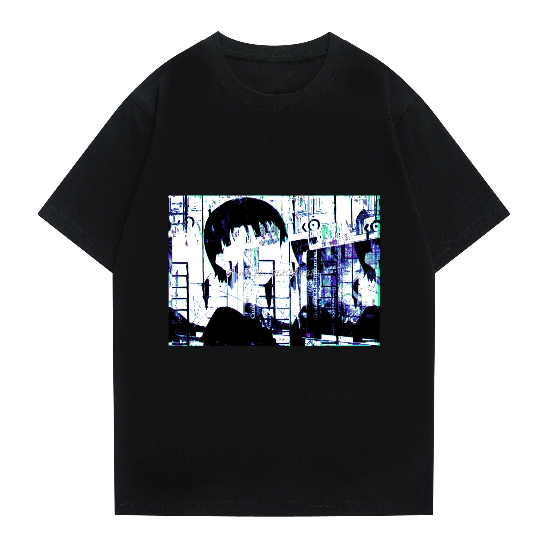 Manga Tops Glitch Style Serial Experiments Lain Iwakura Cotton Tshirt Short Sleeve Harajuku Clothes T-shirts Hot Sale Streetwear