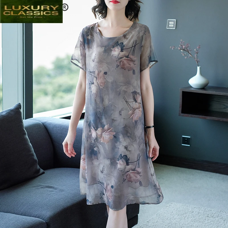 Real Silk Summer Vintage Dress Women Clothes 2021 Elegant Ladies Floral Mid Dresses Woman Boho Plus Size Vestidos LW3561