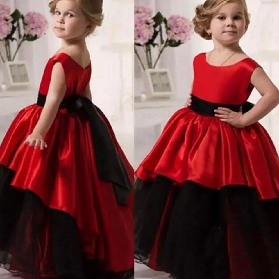 

Custom O-Neck Black Tulle Red Satin Kids Formal Wear Baby Children Party Dress Girls Pageant Birthday Christmas Flower Girls Dre