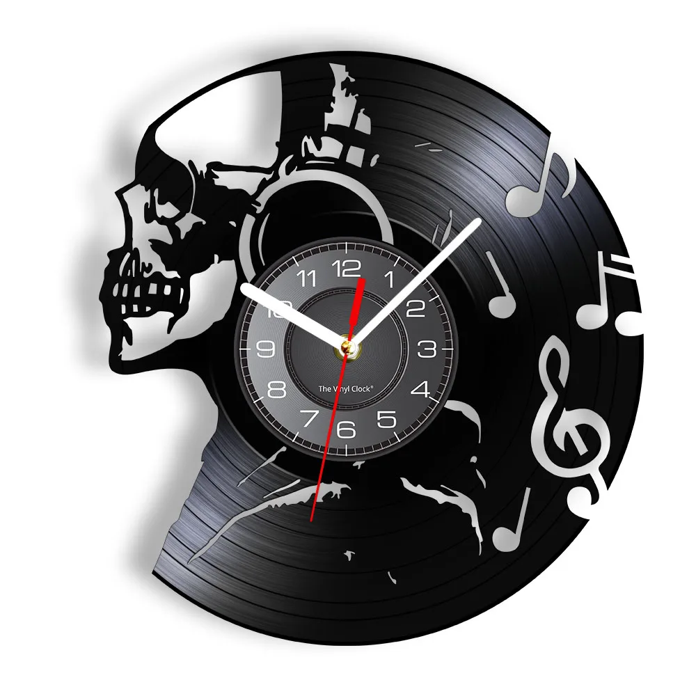 Skeleton Music Never Dies Vinyl Record Wall Clock Skull Headphone Home Decor Hanging Watch Death Danger Headset Pop Art Crafts