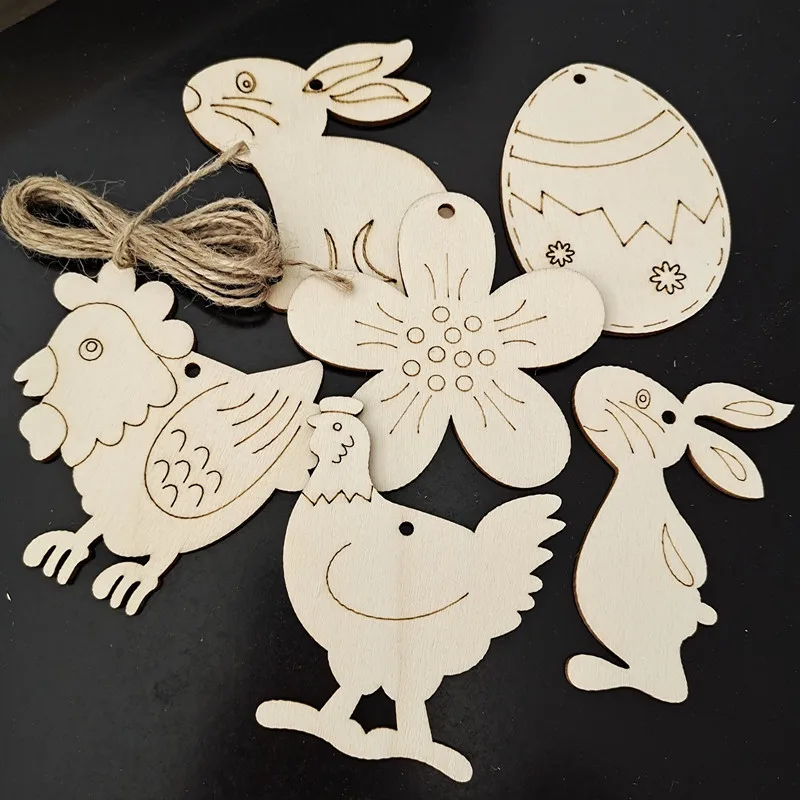 10pcs Happy Easter Wooden Baubles Tags Wood Chip Easter Decoration for Home DIY Craft Hanging Ornaments Easter Party Supplies