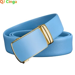 QJ CINGA-cinturón con hebilla automática para hombre y mujer, color azul cielo, dorado y plateado, a la moda, gran vendedor, 100cm-125cm