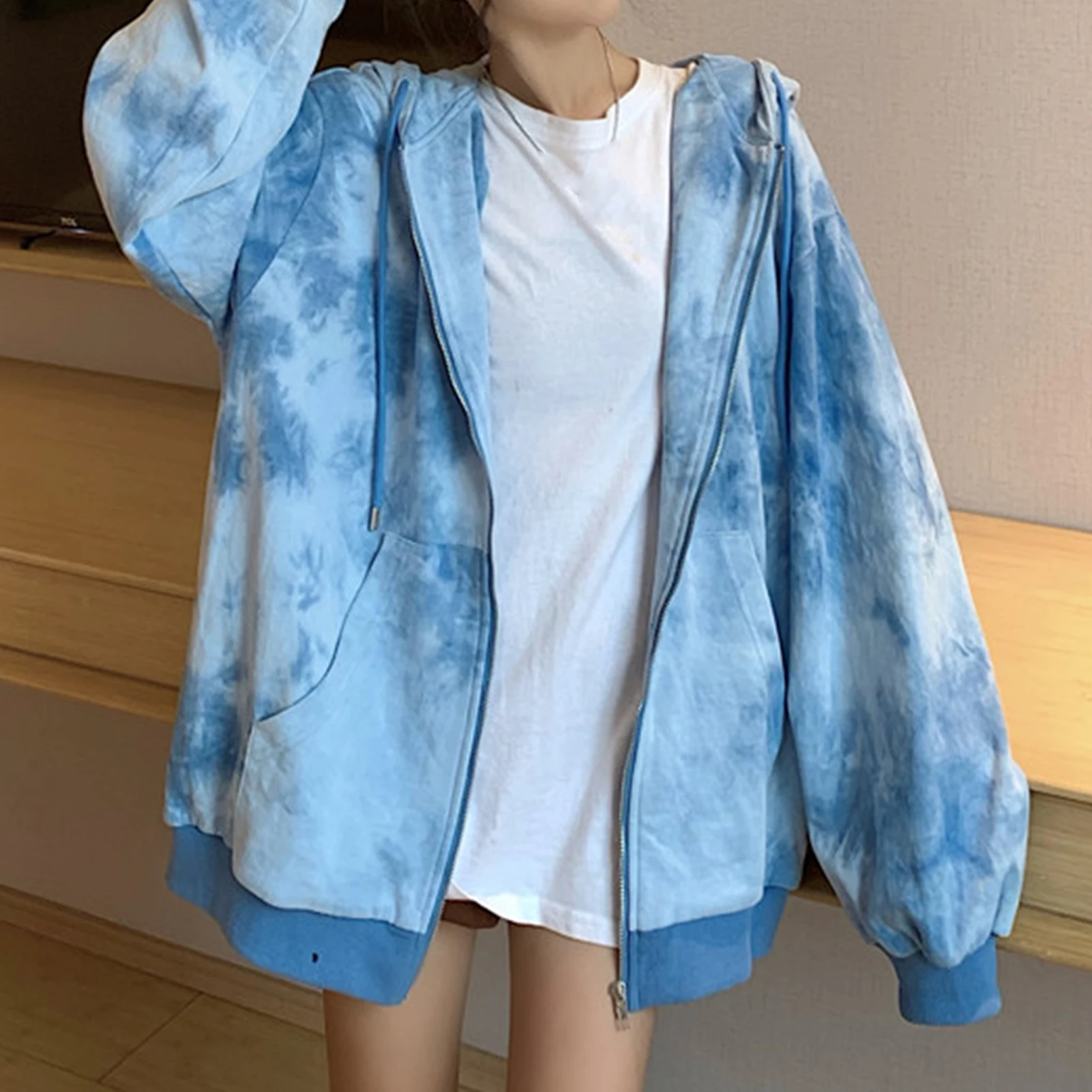 Fashion Men Women Long Sleeve Tie Dye Zip Closure Sweatshirt Hoodie Hooded Coat