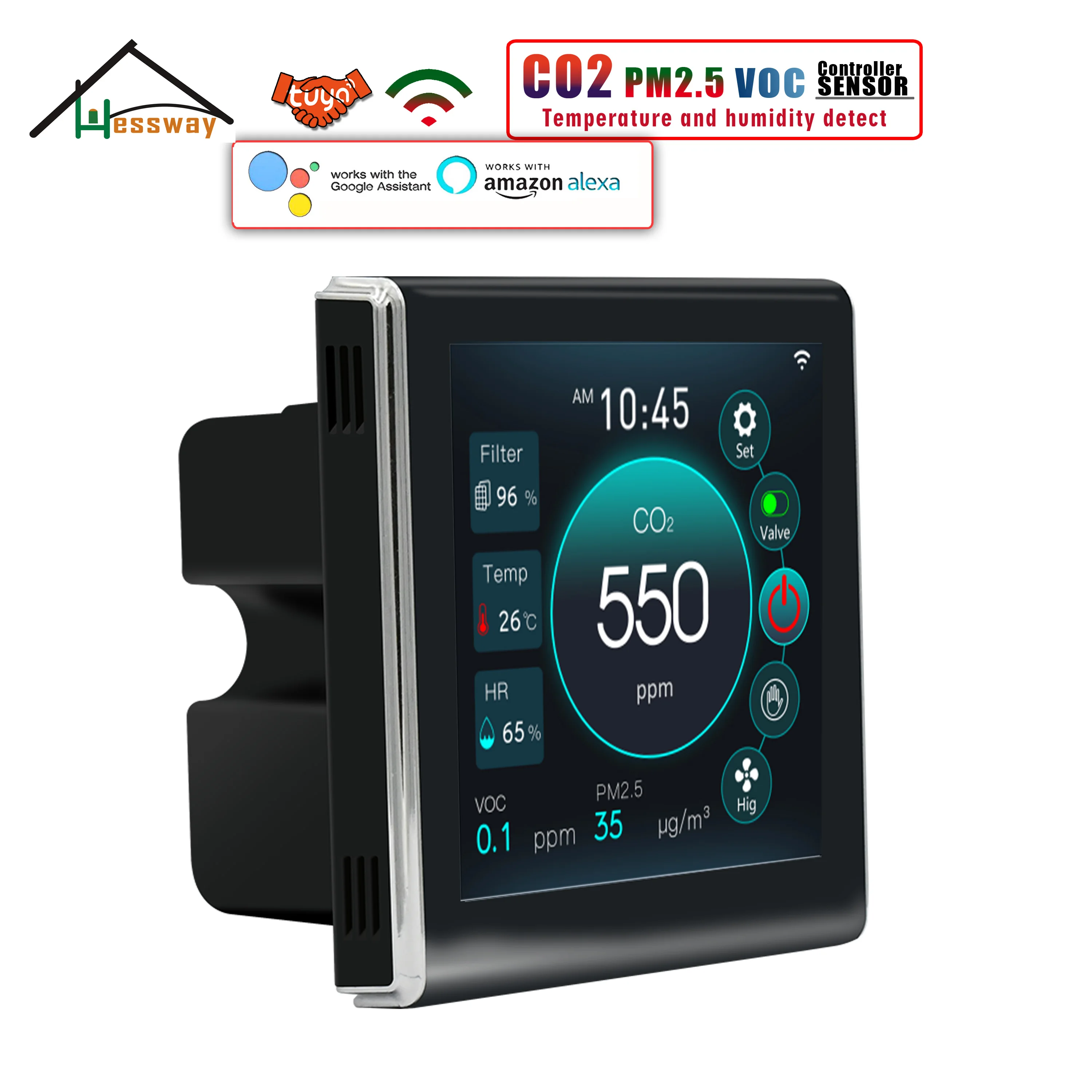 HESSWAY WIFI TUYA  CO2 VOC PM2.5 Sensor Detector Control for EC 0-10V/AC Output Through RS485&Modbusz Protocol Fresh Air System