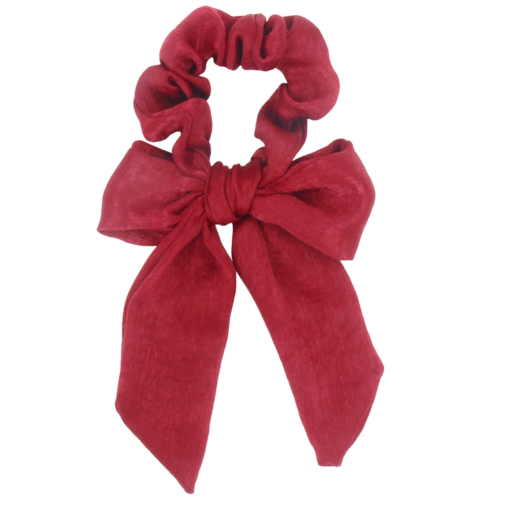 Vintage Solid Color Satin Bow Hair Ribbon Scrunchie For Women Girls Long Elastic Hair Tie Headwear Female Hair Accessories