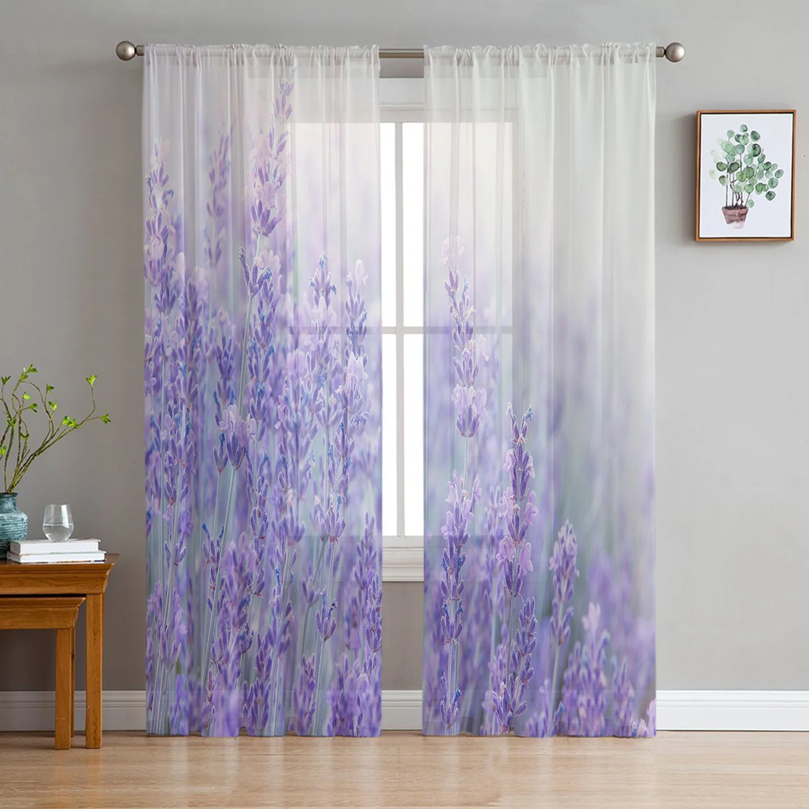 Fantasy Flower Lavender Plant Purple Sheer Curtains for Living Room Kitchen Tulle for Windows Voile Yarn Curtains for Bedroom