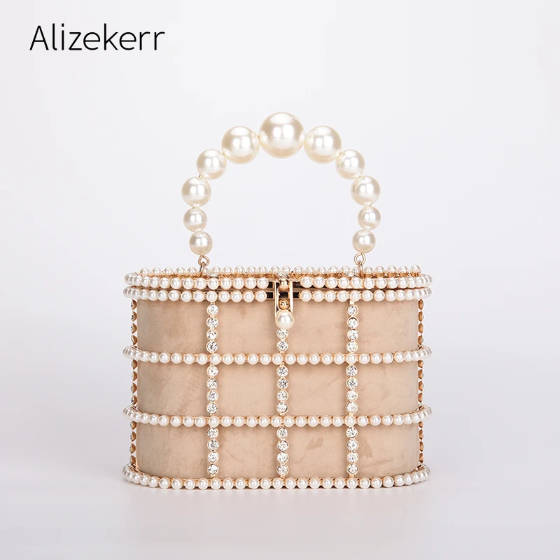 Luxury pearls Rhinestones handbag Women designer elegant Metal Cage Velvet Evening Clutch Purse Chic Hollow Out Shoulder Bags