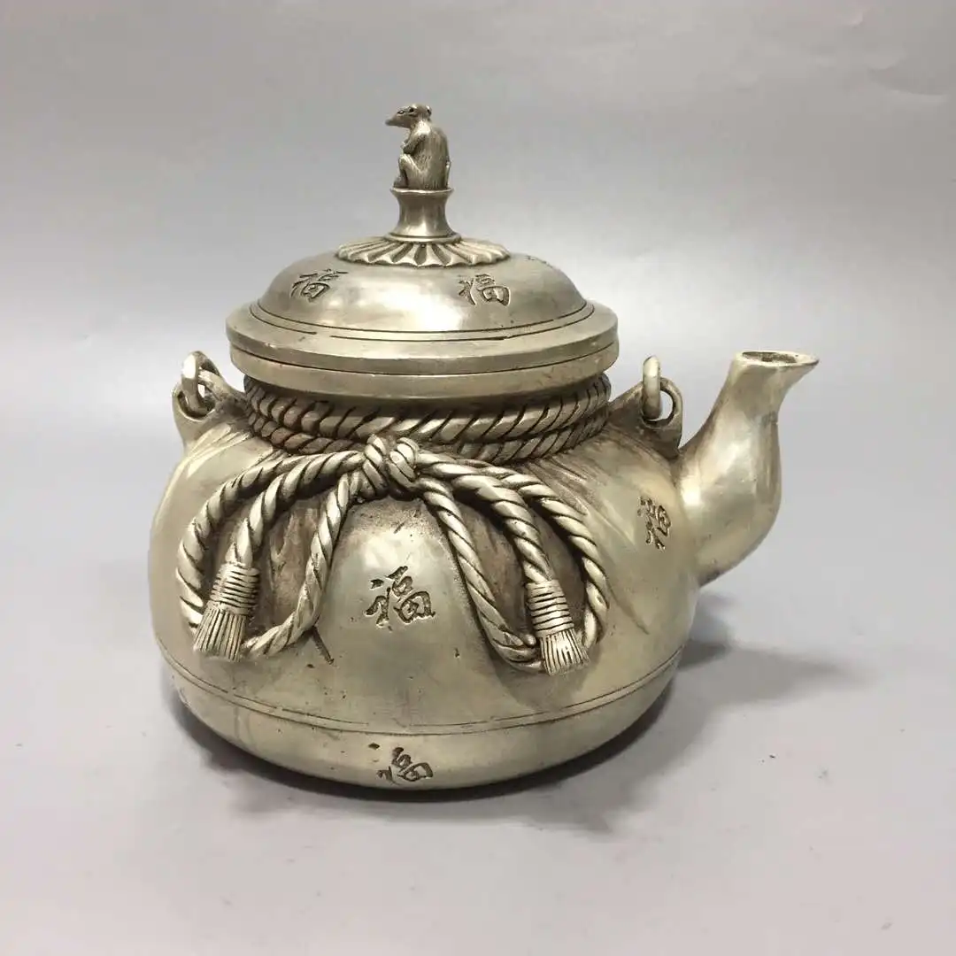 

Chinese archaize White copper blessing bag teapot crafts statue