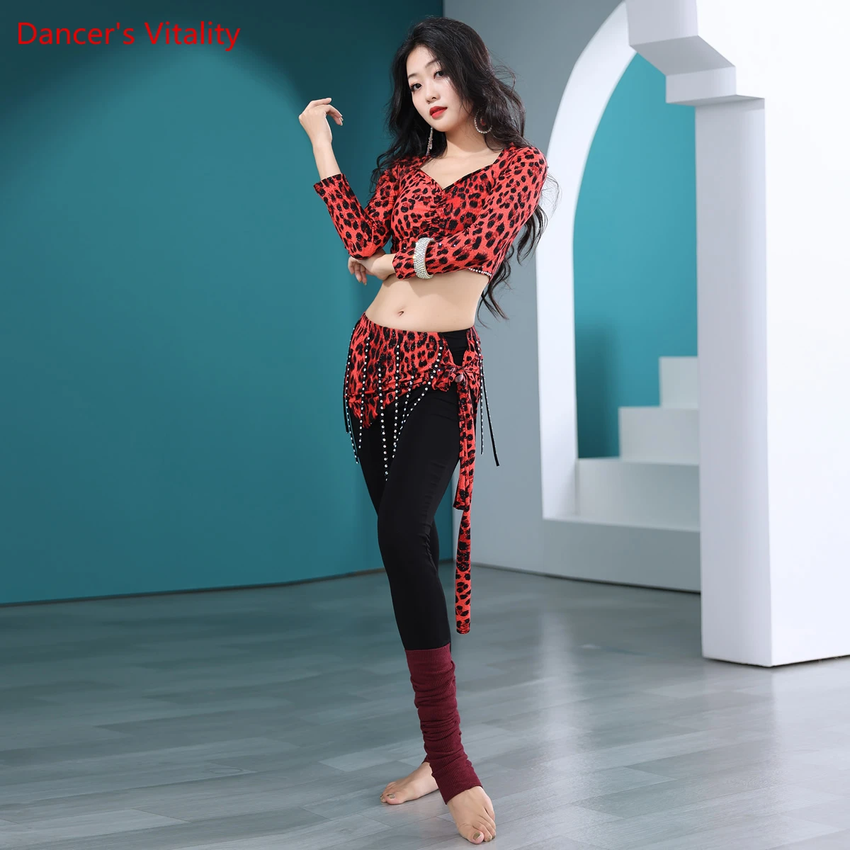 Ropa de práctica de danza del vientre para mujer, Top de media manga + Pantalones de cadera, 2 piezas, conjunto de danza Oriental