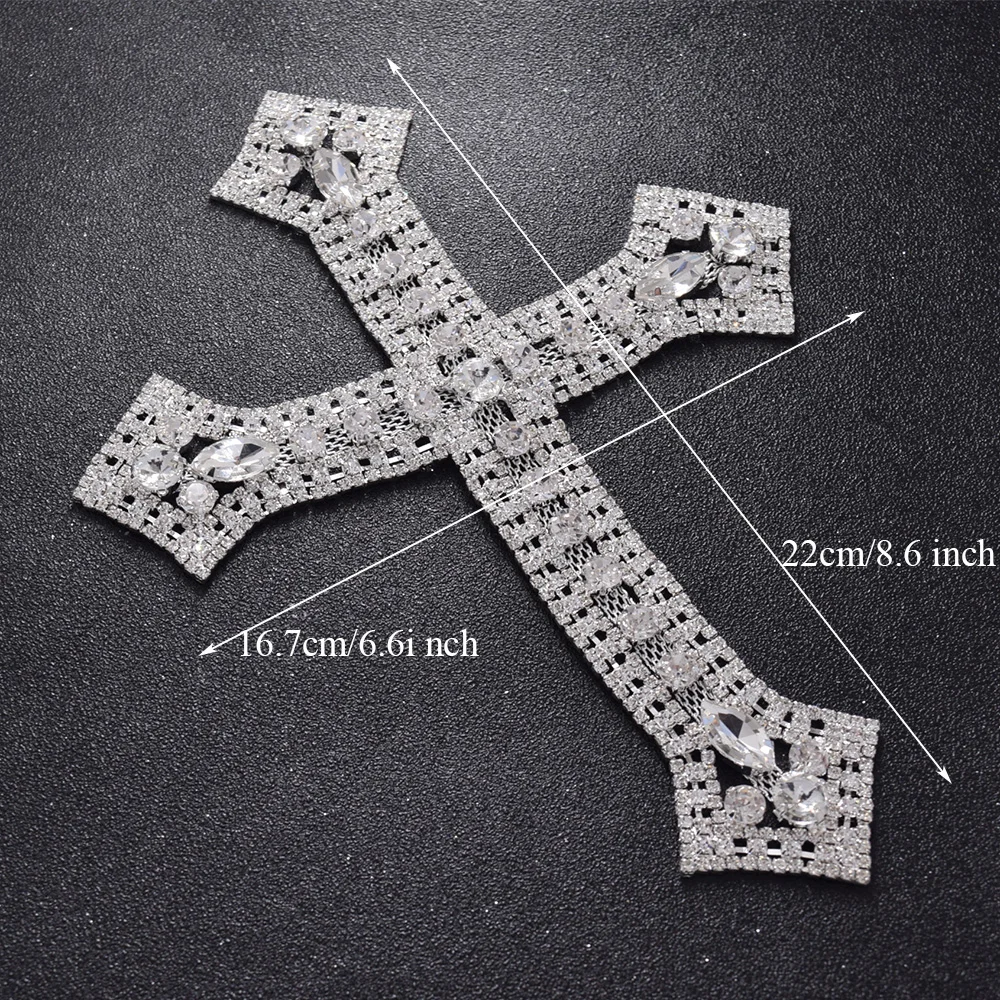 1piece big size silver sewing cross-shape appliques with crystal rhinestone sewing DIY garment clothings patches accessories