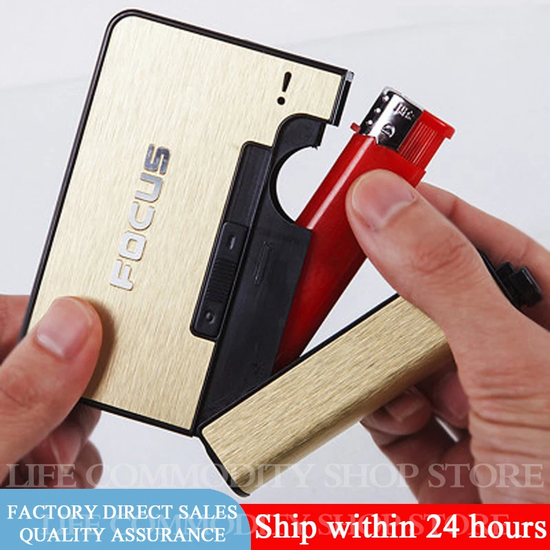 FOCUS Automatic Ejection Cigarette Dispenser Case Holder Case Lighter Gadget For Men Christmas Gift Metal Cigarette Boxes