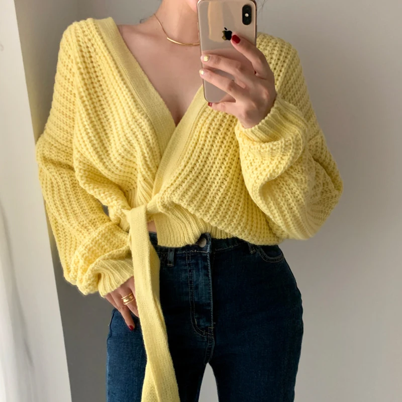 Solid Yellow White Winter Oversized Sweater 2021 Korean Knitted Sweater Thick Cardigan Women Top Sweters for Women Coat Outwear