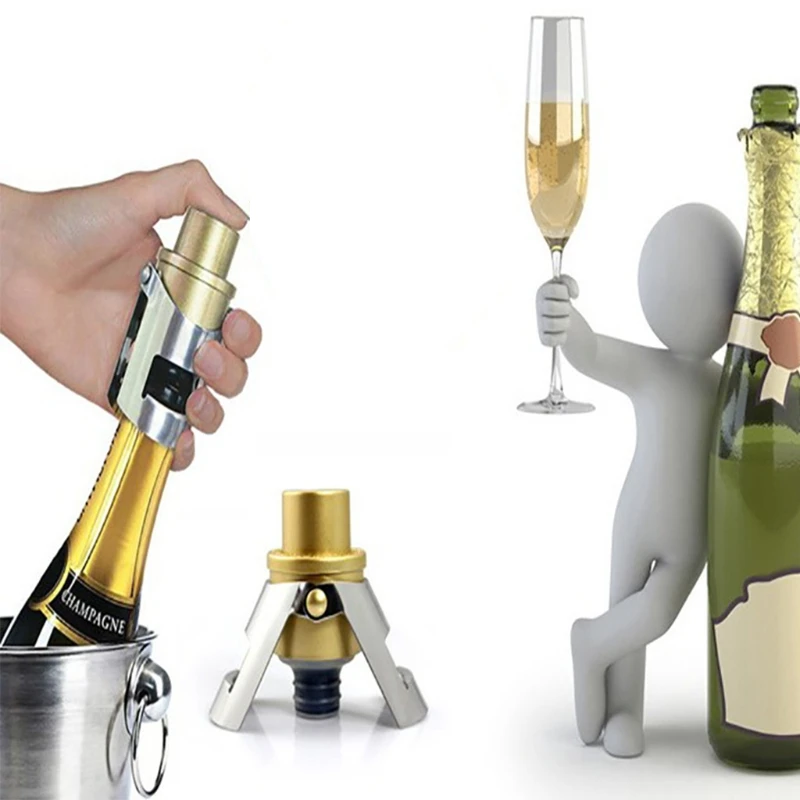 Stainless Steel Champagne Stopper Cork Sparkling Wine Bottle Plug Sealer Push-type Inflatable Champagne Plug Cap Bottle opener