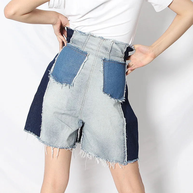 European stitching jeans 2021 summer new fashion retro super high waist contrast wide-leg pants loose casual shorts