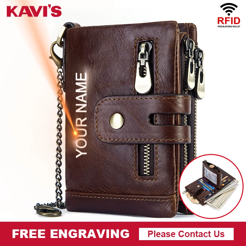 Free Engraving Cowhide Genuine Leather Men Wallet Coin Purse Mini Card Holder Chain PORTFOLIO Portomonee Male Walet Pocket Chain