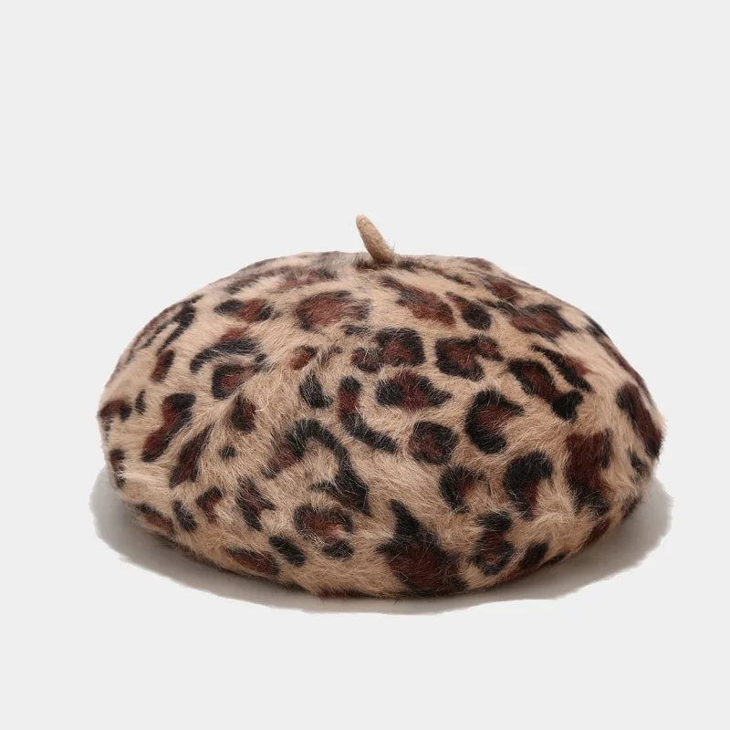 2024 Autumn and Winter Leopard Print Rabbit Fur Buckle Beret Painter Hat Octagonal Hat Women and Girl