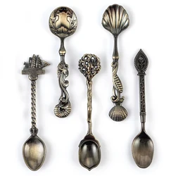MR 5Pcs Vintage Royal Style Bronze Carved Small Coffee Spoon Kitchen Dining Bar Flatware Cutlery Mini Dessert Spoon For SnacK