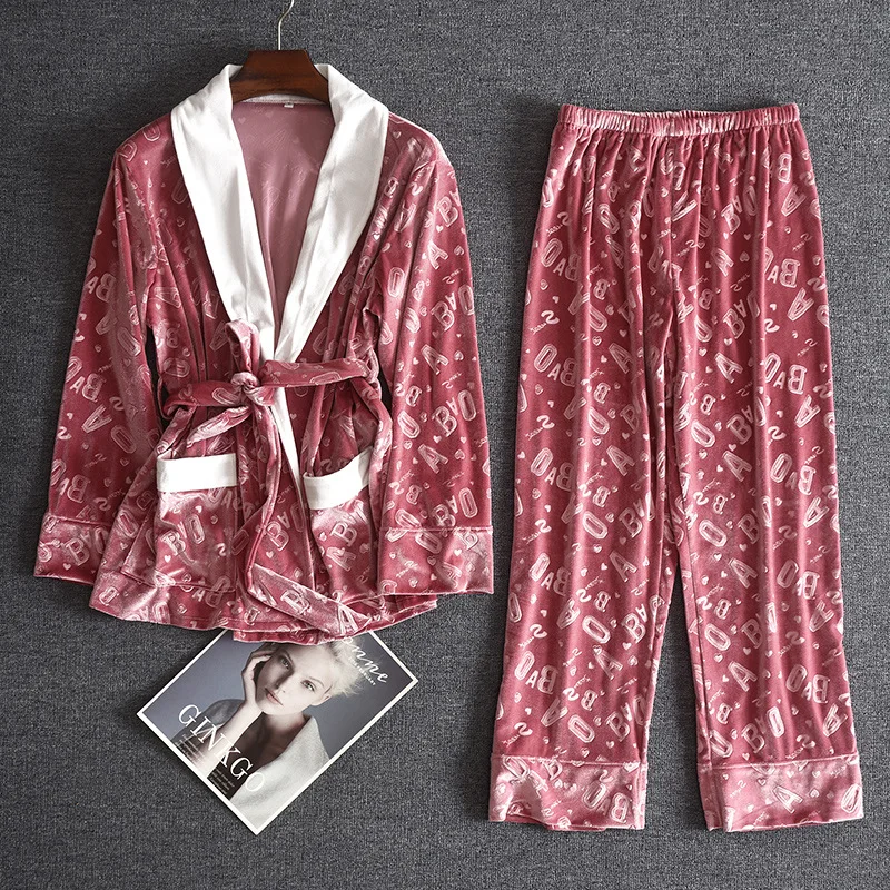 

Full Sleeve Kimono&Pant Women Pajamas Sets 2PCS Print Velour Pyjamas Suit Sexy Cardigan Bride Dressing Bathrobe Gown Sleepwear