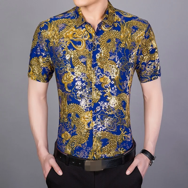 Men Business Shirts Summer Short Sleeve Tops Single Breasted Printed Formal Shirts Male Plus Size 4XL Animal Pattern Shirts