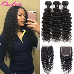 Kiss Love Brazilian Hair Deep Wave Bundles with Closure Human Hair Weave 3 Bundles with Lace Closure Middle Ratio Remy Hair