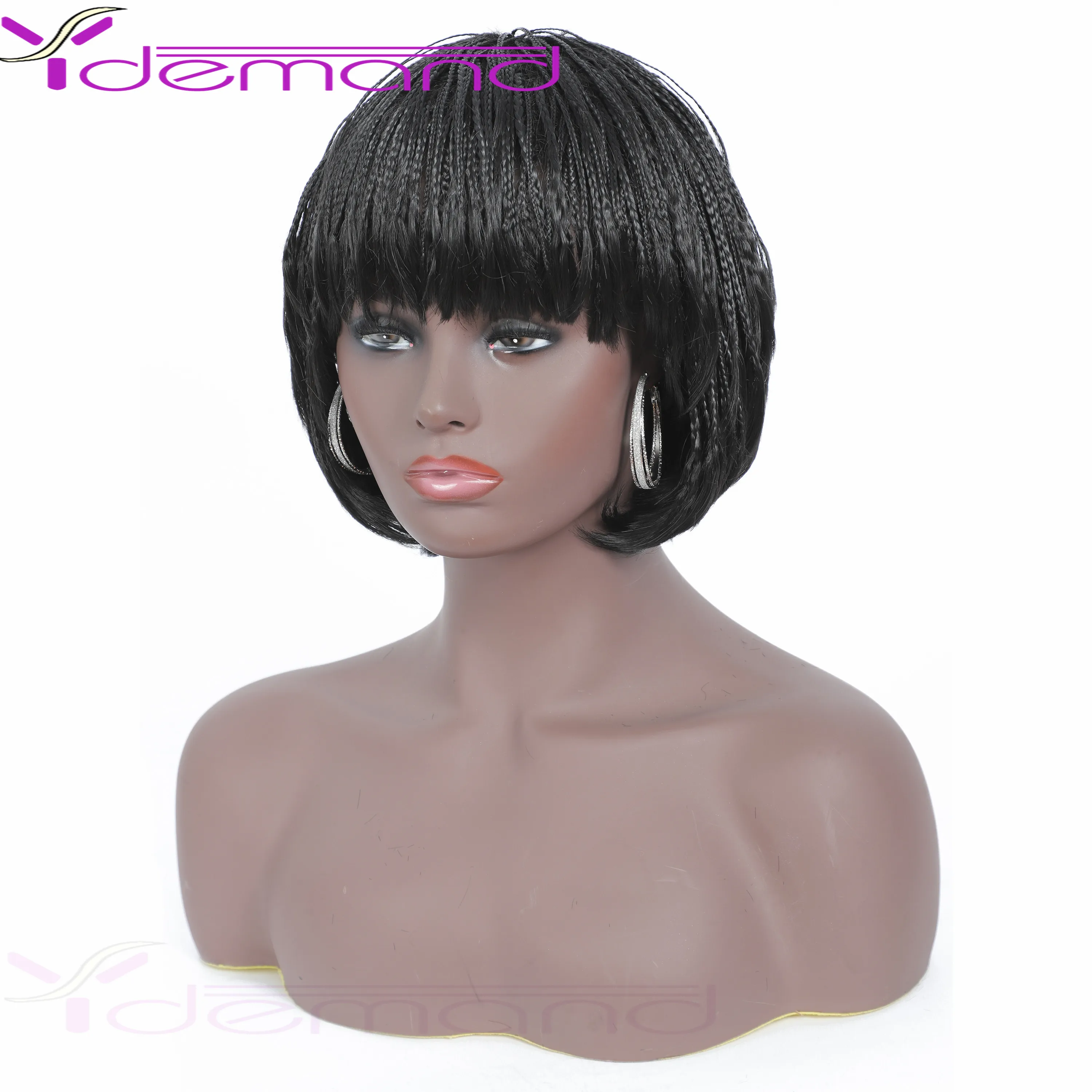 Y Demand Parrucche corte intrecciate con frangia per le donne Treccia Parrucca africana Naturale Nero Cool Girl Fibra sintetica per capelli naturali