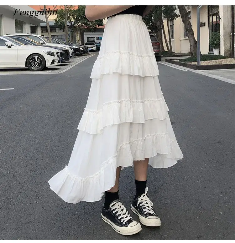 Long Skirts Womens Maxi Skirt Goth Lolita Summer High Waisted Asymmetrical High Low Ruched Ruffle Skirts