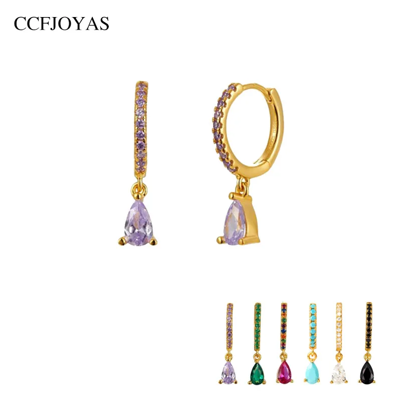 CCFJOYAS Purple/rose red/blue/green color 925 Sterling Silver Water Drop Zircon Hoop Earrings for Women Earrings Fashion Jewelry