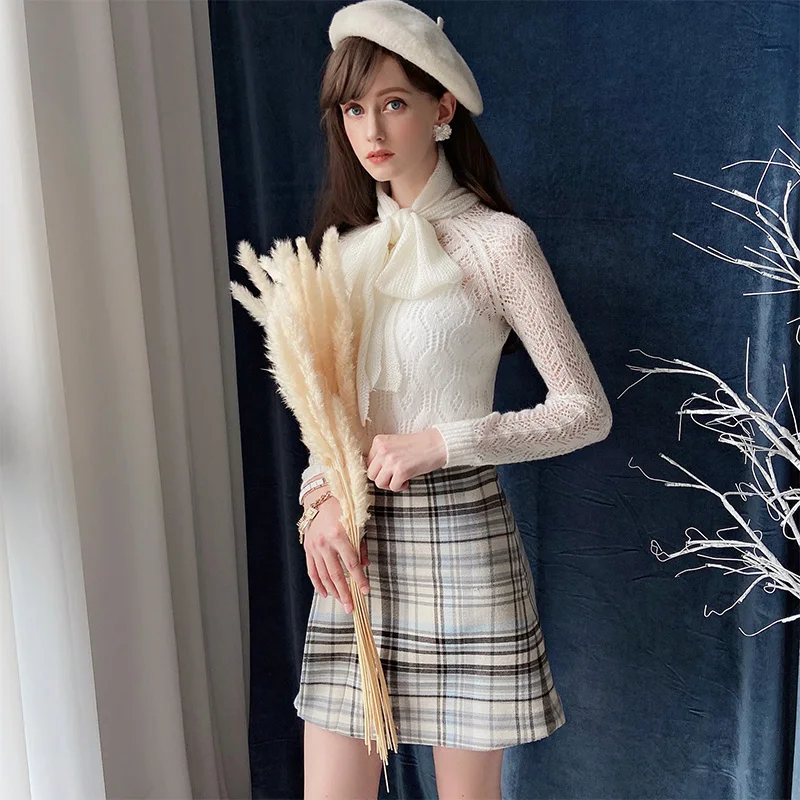 Dabuwawa Spring Autumn Vintage Plaid Skirt for Girls Office Lady Women New Grey High Waist Button A-Line Skirts Female D18DSK014