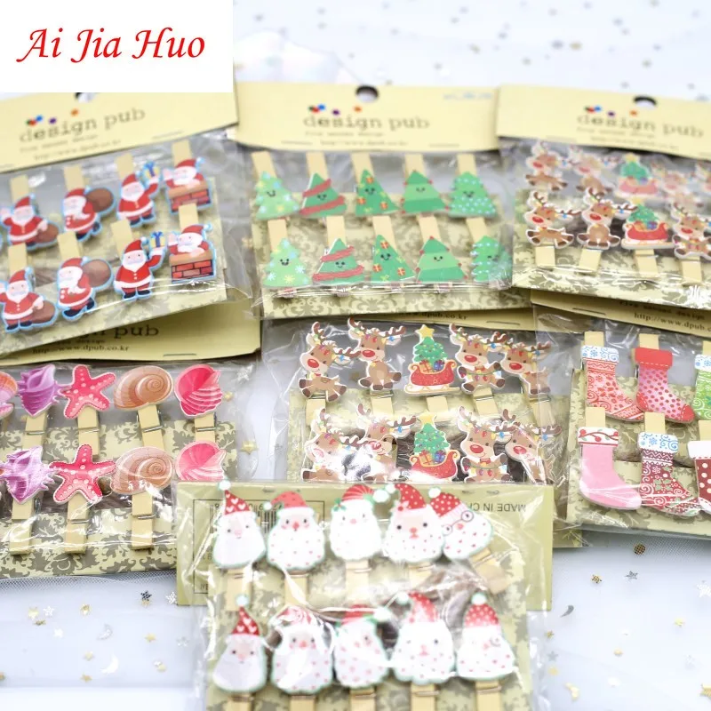 35mm Colorful Christmas Cartoon Series Wooden Clip DIY Handmade Kindergarten Children's Gift Photo Wall Decoration 10 Pieces