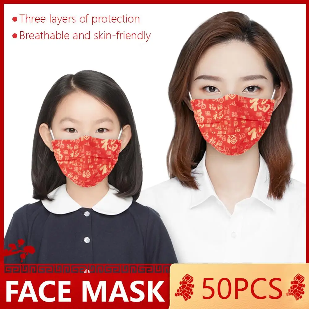 50 Pcs 2021 Gelukkig Nieuw Jaar Maskers 3 Ply Geweven Wegwerp Gezichtsmasker Elastische Oorhaakje Ademend Chinese "Fu" print Masker Masque