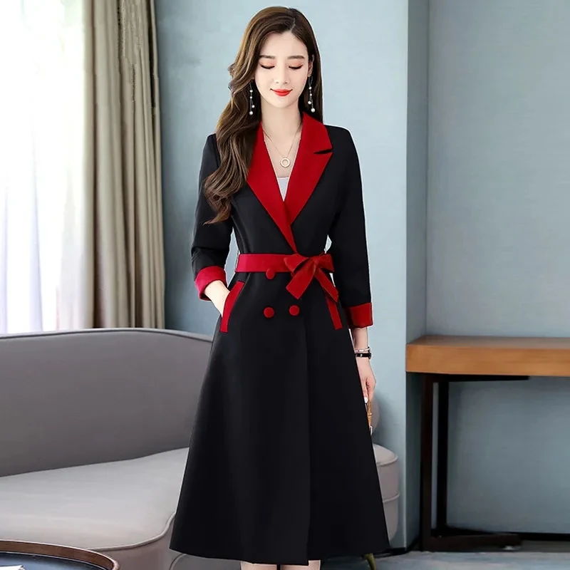 Women Elegant Long Windbreaker Korean Fashion Casual A-Line Trench Coat V-Neck Double Breasted With Belt Office Lady Overcoat