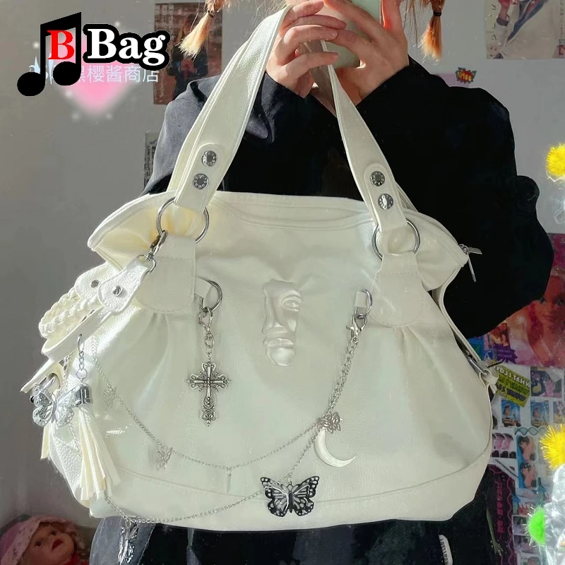 Vintage Y2K Gothic Women Girls punk Butterfly Chain single shoulder underarm Bags Handbags female Leather Large capacity totes