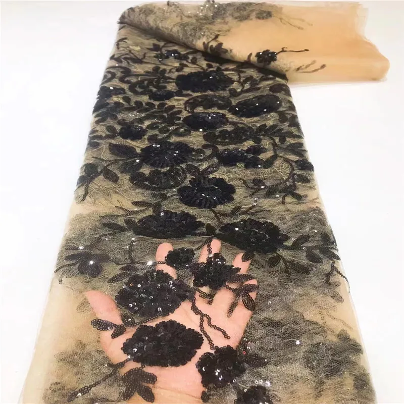 

New French Sequined Lace Fabric Border Embroidery Flower Wedding Dress DIY Sewing black