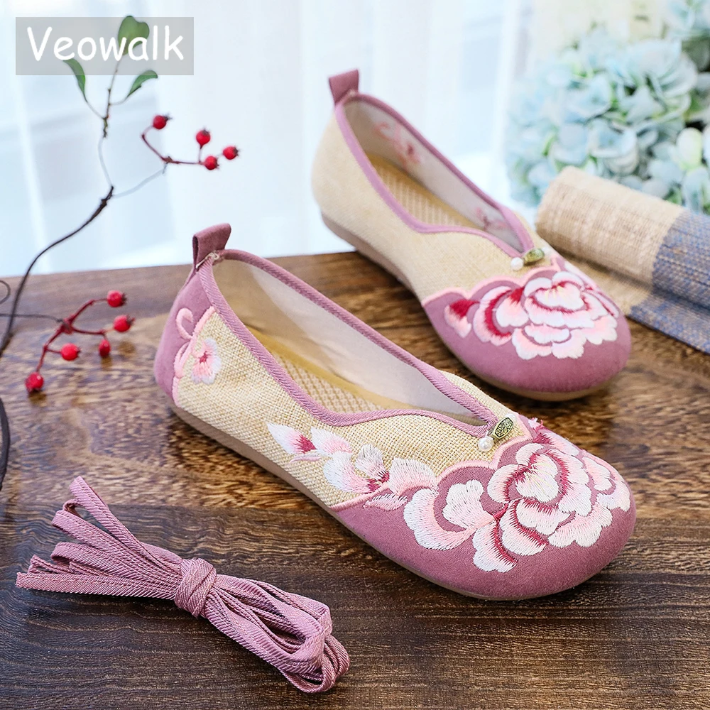 Veowalk Women Linen Cotton Fabric Embroidered Ballet Flats Ankle Strap Ladies Casual Comfortable Ballerinas Shoes Green Pink