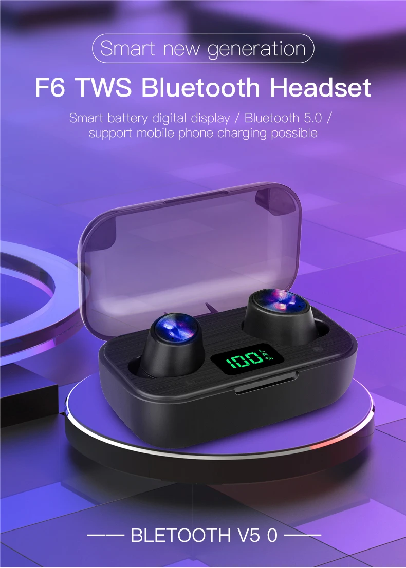 F6B Wireless Bluetooth Earphone with Microphone Sports Waterproof Wireless Headphones Headsets Touch Control Music Earbuds