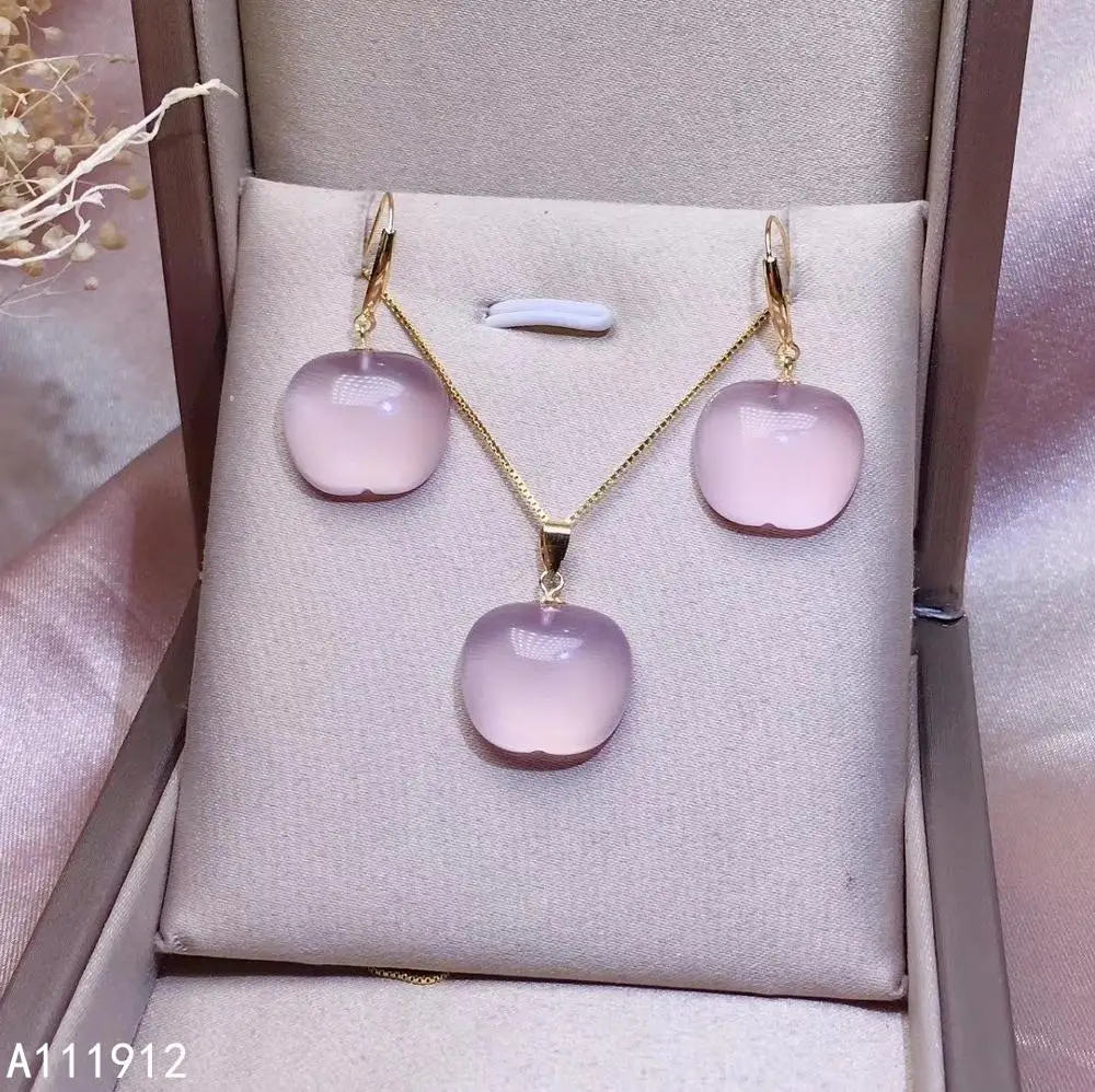 

KJJEAXCMY fine jewelry natural Rose Quartz 18K Gold women pendant necklace earrings set support test popular