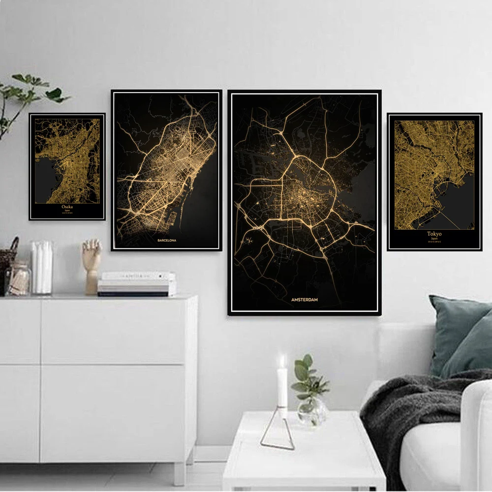 

Poster Prints Amsterdam Tokyo Barcelona Modern World City Gold Map Tour Paintings Art Wall Pictures For Living Room Home Decor