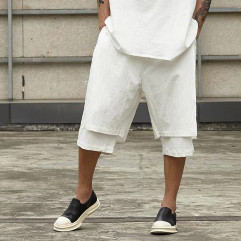 メンズパンツ夏リラックスカジュアルコットンリネンショーツ男性ダブルパッチワークショーツスカートスーツヒップホップ山本スタイル