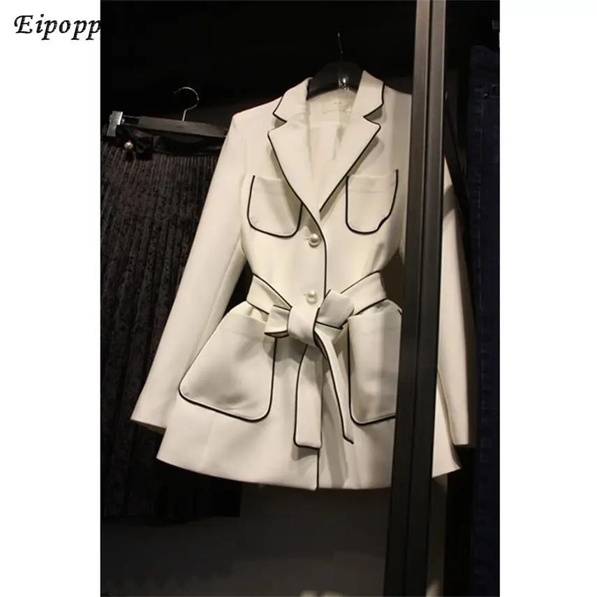 

New Style White Suit Jacket Female Solid Color Retro British Style Waist Belt Occupational New Spring 2 Color Blazers Women Coat