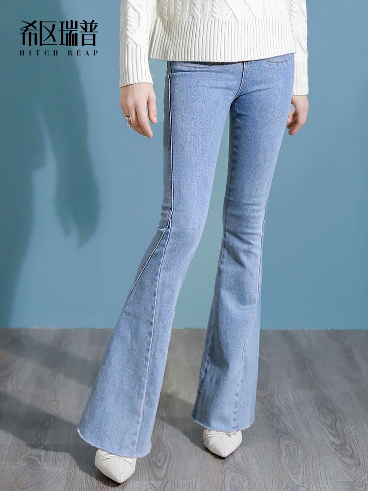 High Waist Jeans Women'S Show High Show Thin Autumn And Winter New High-End Temperament Light Blue Tight Flared Pants