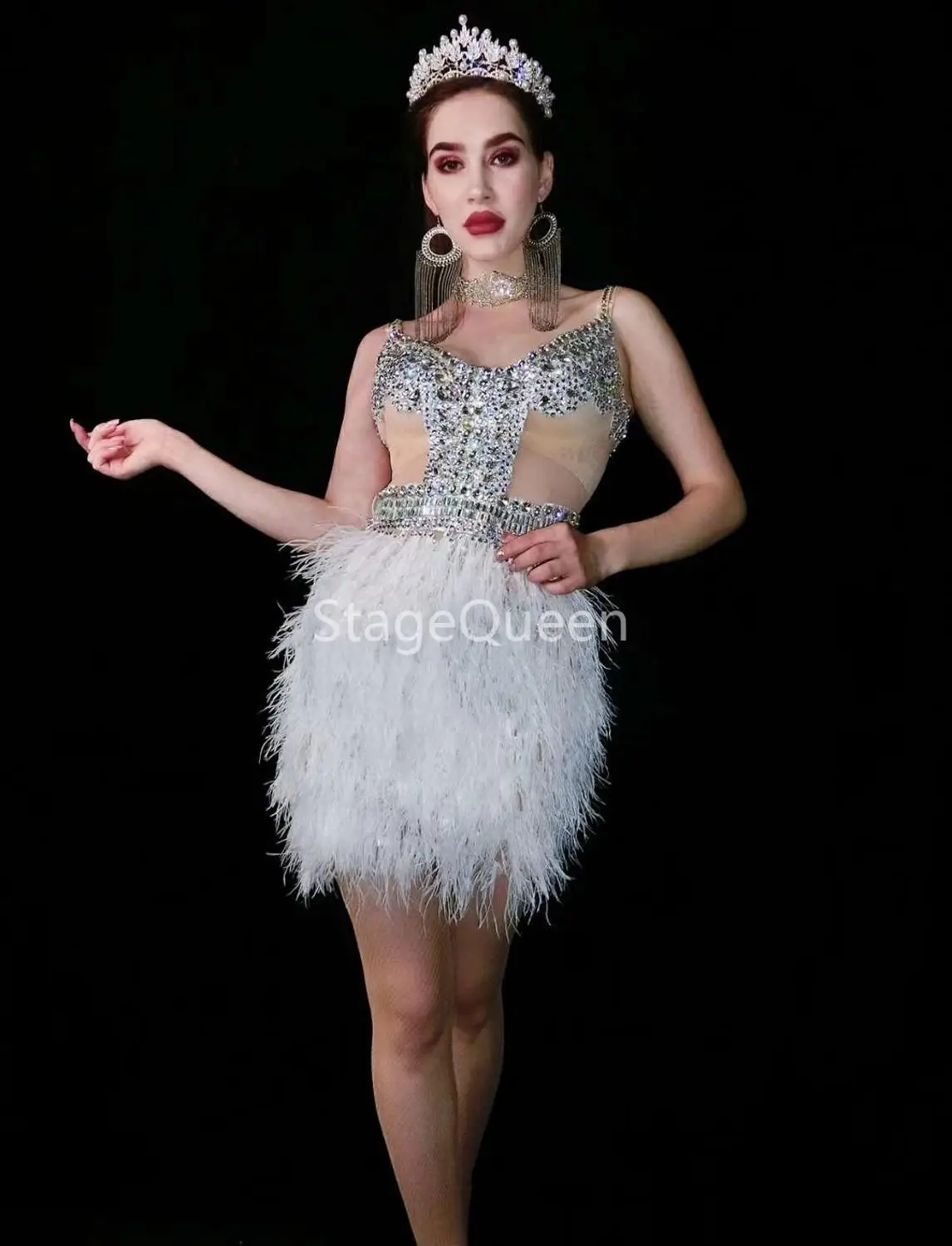 Silver Rhinestones Transparent White Feather Dress Dance Celebrate Dress Outfit Women's Birthday Bar Prom Party DS DJ Dress