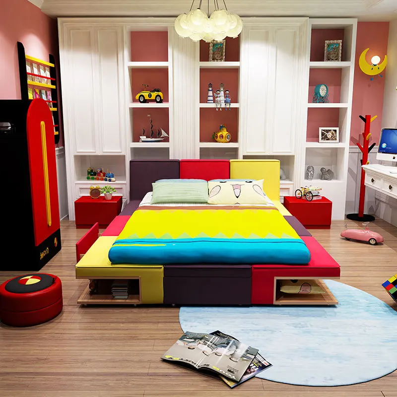 Cama infantil menino combinação de cores tecido de cama crianças dos desenhos animados quarto de cama de móveis para crianças