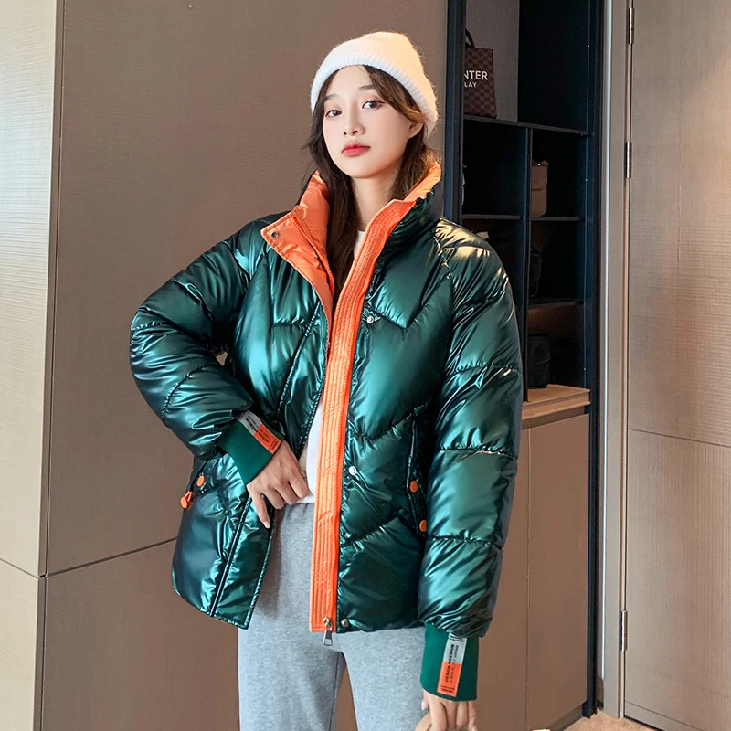 

Glossy Short Casual Women Cotton Padded Parkas 2Xl Down Cotton Jacket Female Bright Thick Stand Collar Bubble Coat