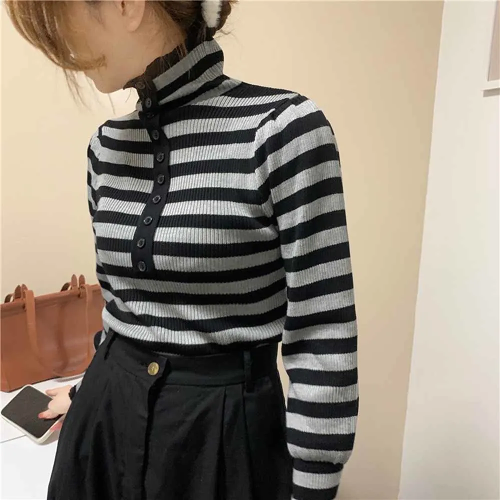 Winter Turtleneck Knitted Sweater Women Autumn Korean 2022 Long Sleeve Striped Pullover Slim Base Outwear Ladies Elegant Jumper