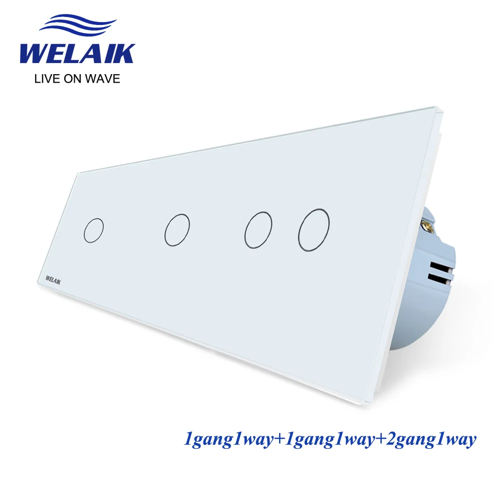 WELAIK EU 3Frame 1~1000W 1gang1way Crystal Glass-Panel  White Wall-Switch Touch-Switch Screen LED Light-Switch  220V A39111121CW